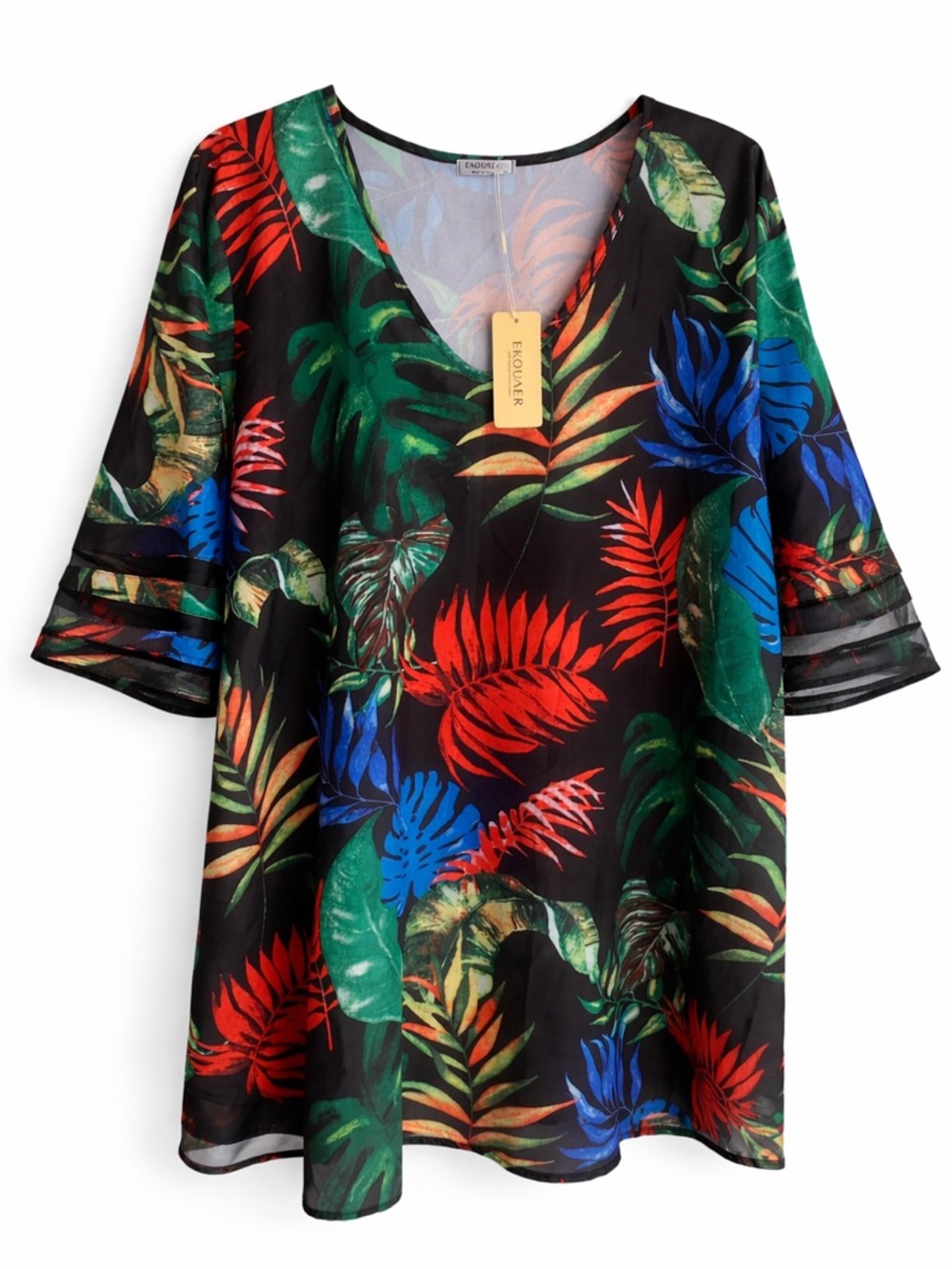 NWT EKOAUER 3XL Tropical Leaf Print Sheer Sleeve Tunic Blouse